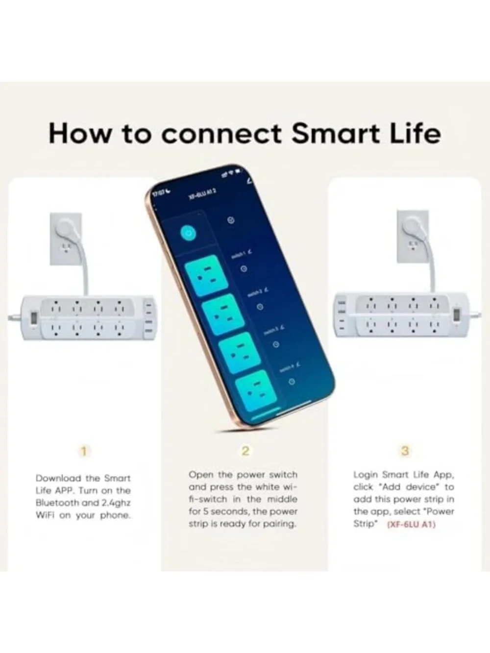 Smart Power Strip with 6 Outlets & 4 USB Ports, 5FT Flat Plug for Home Office